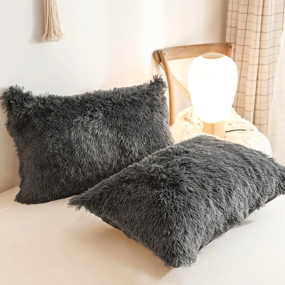 🎀DARK Gray Velvet Faux Fur Duvet Cover Zipper New🎀